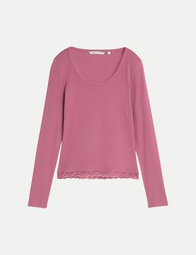 Langarmshirt mit Spitzen-Detail Rosa L