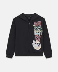 Felpa con zip e cappuccio nera in cotone con stampa logo colorata