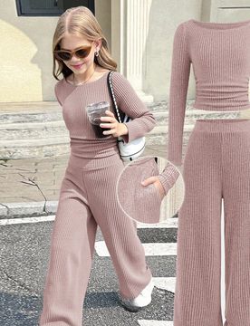 Conjunto de niña preadolescente de moda casual de otoño/invierno, versátil, con top de manga caída/hombros descubiertos de canalé de 2 formas con