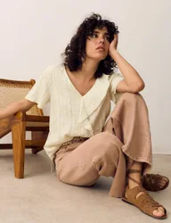 Striped Ruffle Front V-Neck Blouse Ecru female