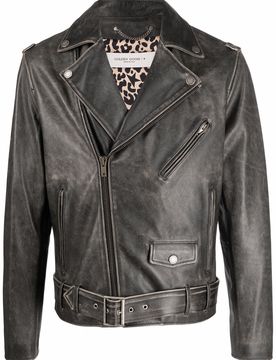 Hammered Leather Biker Jacket with Front Zip Pockets and Belt