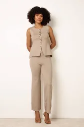 Women's Elasticated Stone Sleeveless Set With Gold Button Slip On Round Neck Size: Small/Medium - Stone - Size: S/M