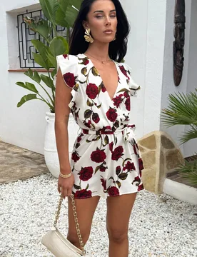 Women's Cream Rose Printed Flutter Sleeve Tie Waist Playsuit Size: 8 - Cream - Size: 8 - AX Paris - FashionsVida