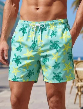 Shorts de playa con cordón en la cintura y bolsillos con estampado de estrella de mar y tortuga marina para hombres - Shein - FashionsVida