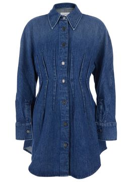 Classic Collar Button-Up Dress with Cinched Waist and Pleated Front