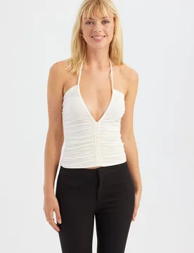 Womens V Neck Strappy Top - White - Size Large - Hiccup - FashionsVida
