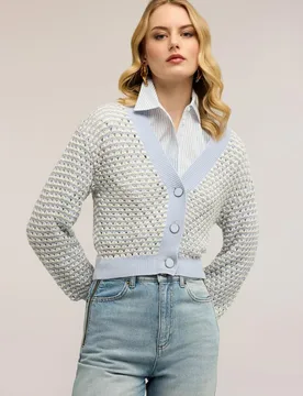 Chaqueta de mujer de punto corta en lurex calado modelo regular - Motivi - FashionsVida