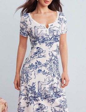 Camisón de mujer con cuello cuadrado de encaje, parches, doble botón, estampado de estilo chino, de punto y manga corta. Vestido de mujer vintage co