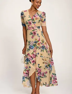 Women's Ruched Sleeve Mesh Maxi Dress in Yellow Size: 18 - Yellow - Size: 18 - Jolie Moi - FashionsVida