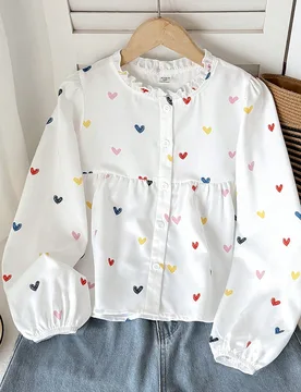 Camisa blanca linda para niña preadolescente con cuello alto holgado y estampado de corazones de colores, manga larga, ropa casual de verano para la - Shein - FashionsVida
