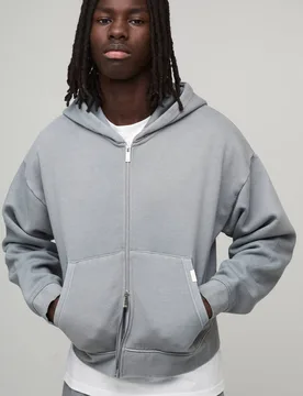 Men's Washed Shrunken Boxy Zip Through Hoodie Washed Grey Size Medium Washed Grey M - boohooMAN - FashionsVida