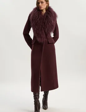 Womens Wool Detachable Fur Collar Tailored Double Breasted Midi Coat - Burgundy - Size 10 Uk - Karen millen - FashionsVida