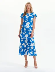 Floral Round Neck Ruffle Midi Waisted Dress Blue Mix female