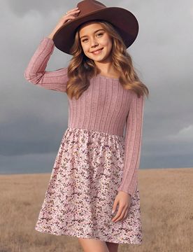 Vestido de manga larga y largo hasta la mitad del muslo con cuello redondo, estilo minimalista y cómodo, en patchwork, para niña preadolescente