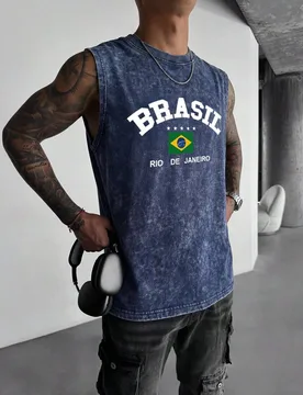 Camiseta sin mangas negra casual de hombre Shwiy con estampado vintage de Brasil, gráfico minimalista de letras, adecuada para uso diario, regalo par - Shein - FashionsVida