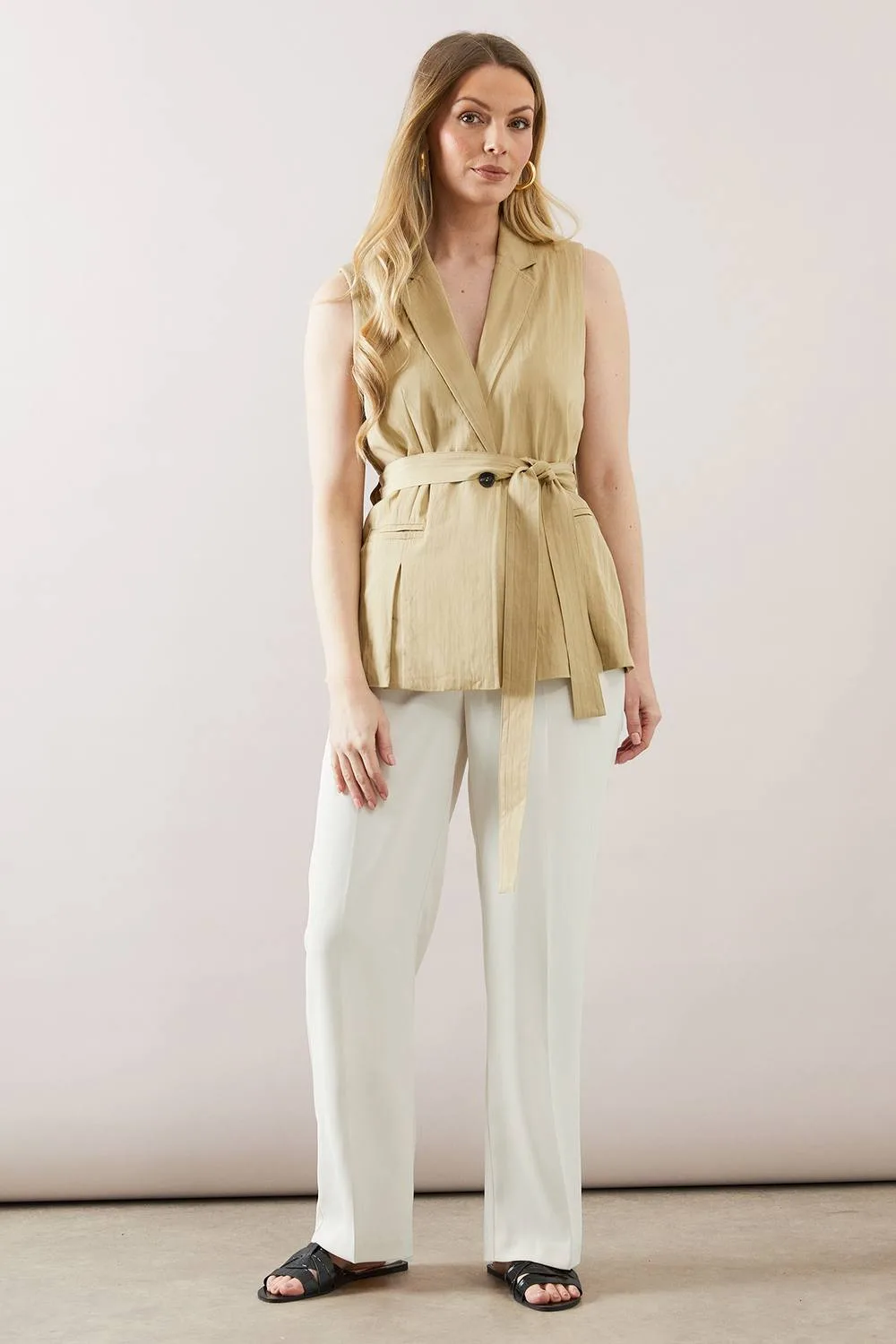 Sleeveless Belted Waistcoat - Stone - Size: 16 - Wallis - FashionsVida