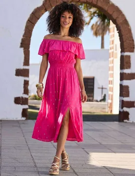 Textured Bardot Shirred Midi Skater Dress Pink Mix female - Sosandar - FashionsVida