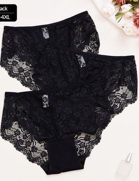 Set de 3 piezas de bragas de encaje sexy de talle alto para mujer de talla grande, lencería de encaje suave