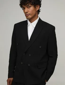Men's Linen Look Oversized Double Breasted Blazer Black Size 40 Black 40 - boohooMAN - FashionsVida