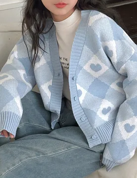 Chaqueta de punto informal de una sola de botones con hombros caídos y estampado de corazones para niñas preadolescentes, apropiada para otoño e in - Shein - FashionsVida