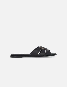 Ciabattine flat Milly in pelle nera e logo Love Birds con bordo dorato - PINKO - FashionsVida