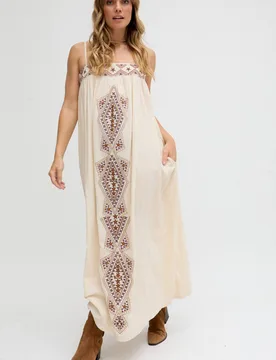 Women's Sapphire Spaghetti Strap Embroidered Maxi Dress in Cream Size: 8 - Cream - Size: 8 - Raffya - FashionsVida