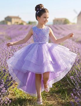 Vestido sin mangas con malla de lentejuelas y falda con cola para niñas, vestido de princesa para adolescentes, vestido formal de dama de honor para