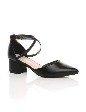 Women's Mid Block Heel Crossed Strap Pointed Toe 2 Part Heels in Black Size: 7 - Black - Size: 7 - Ajvani - FashionsVida