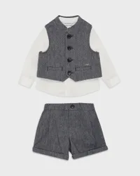 Completo tre pezzi composto da camicia bianca e gilet e bermuda blu in misto lino e cotone