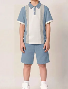 Conjunto de 2 piezas para niño preadolescente, polo de manga corta con bloques de color y patchwork & pantalones cortos de cintura elástica, adecuad - Shein - FashionsVida