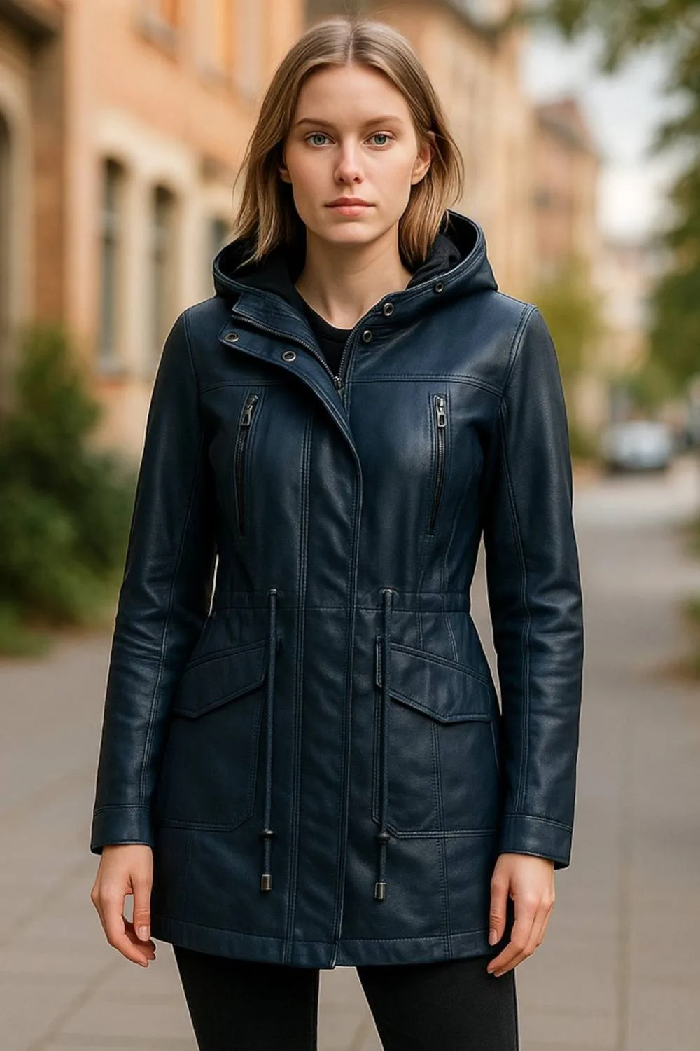 Leather Hooded Parka Jacket-Clare - Blue - Size: 8 - Infinity Leather - FashionsVida