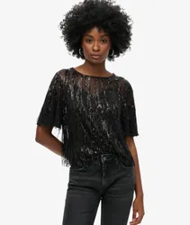 Superdry Damen Transparentes Kurzarm-oberteil mit Pailletten Schwarz - Größe: 36
