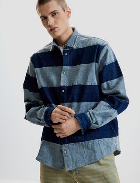 Chemise en denim à rayures, , Coton, Bleu, S