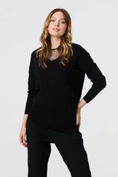 Sequin Mesh V-Neck Knitted Top - Black - Size: 8