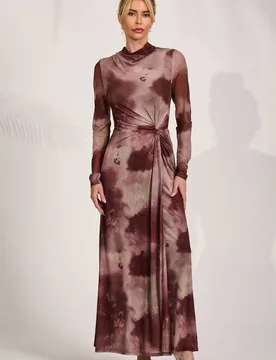 Women's High Neck Long Sleeve Mesh Maxi Dress in Brown Size: 10 - Brown - Size: 10 - Jolie Moi - FashionsVida
