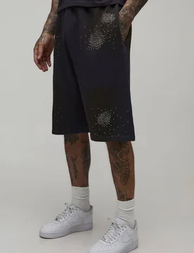 Men's Tall Oversized Washed Rhinestone Jersey Shorts Charcoal Size Medium Charcoal M - boohooMAN - FashionsVida