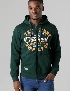 Mens Dark Green Cotton Blend Zip-Through Hoody - Size Large - Tokyo Laundry - FashionsVida