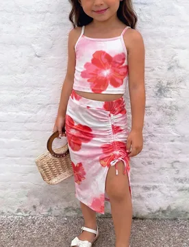 Conjunto de 2 piezas de vestido largo con estampado tropical y escote halter para niña, estilo vacacional en color rosa - Shein - FashionsVida
