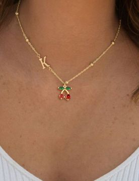 Pieza Nuevo collar con colgante inicial de cereza, cadena de cuentas de acero inoxidable, para mujer