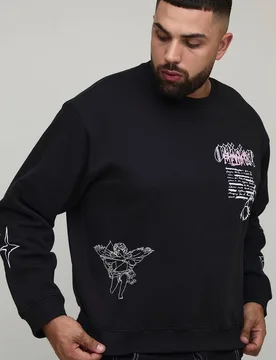 Men's Plus Oversized Boxy Renaissance Print Sweatshirt Black Size 2X-Large Black 2XL - boohooMAN - FashionsVida