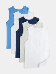 Pack Pure Cotton Plain Vests (2-14 Yrs) Blue Mix male