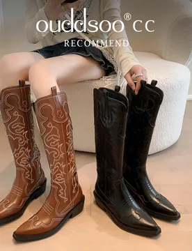Ods Retro Embroidered Women's Western Boots Autumn And Winter Cowhide Square Head Thick Mid Heel Women's Knee Long Knight Boot41 - Aliexpress - FashionsVida