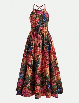 Vestido con estampado tropical y lazo en la espalda para niña preadolescente