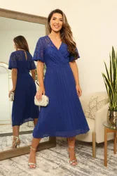 Lace Wrap Front Pleated Midi Dress - Blue - Size: 22