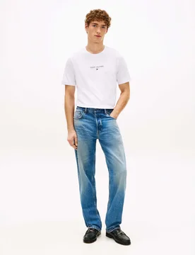 T-shirt girocollo bianca in cotone con logo e bandierina ricamata - Tommy hilfiger - FashionsVida