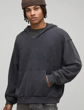 Herren Oversized Boxy Exklusiver Slogan Gothic V-Ausschnitt Raw Saum Bedruckter Gewaschener Hoodie Sweatshirt Black Größe Large - boohooMAN - FashionsVida
