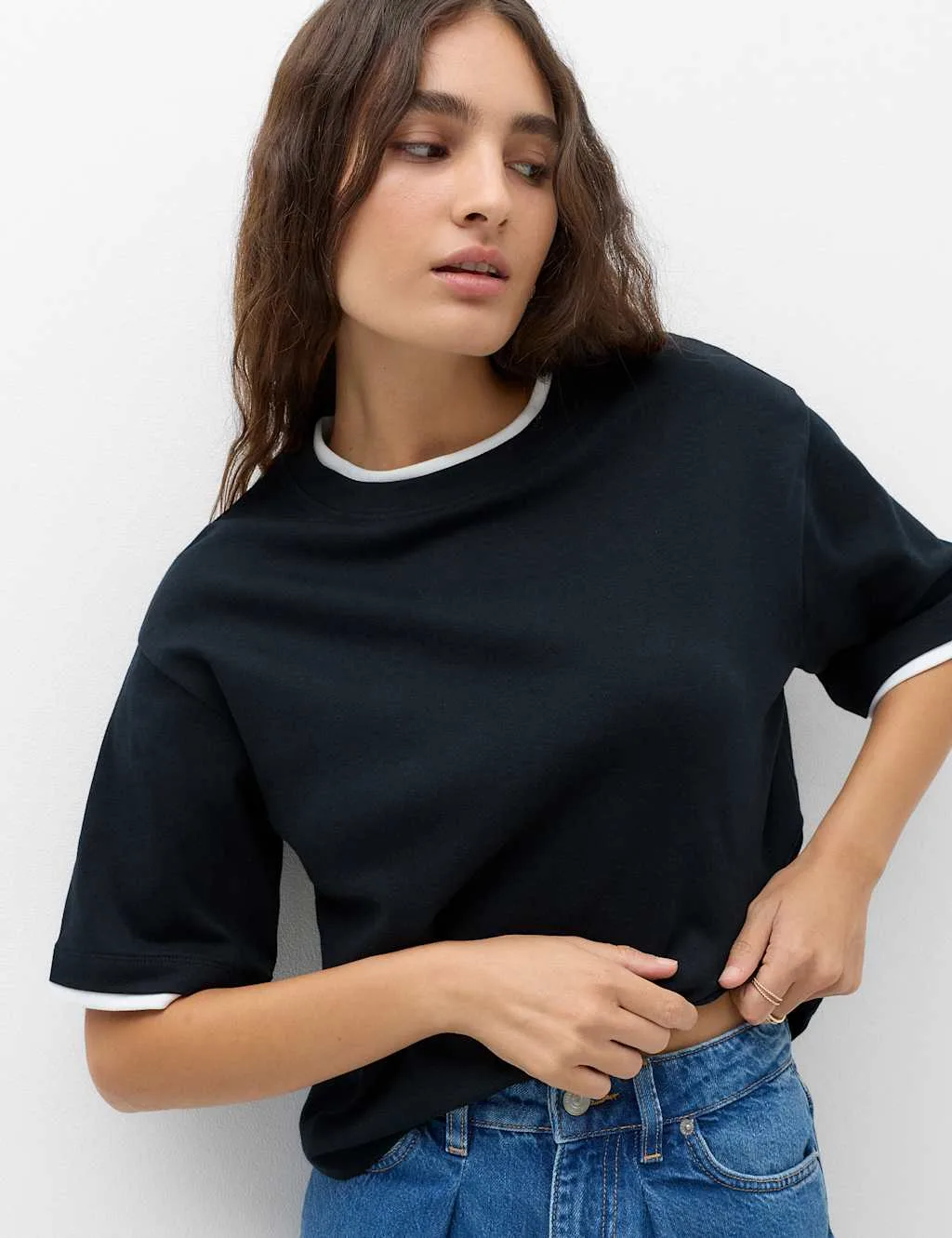 Pure Cotton Double Layer Boxy T-Shirt Navy female - M&S - FashionsVida