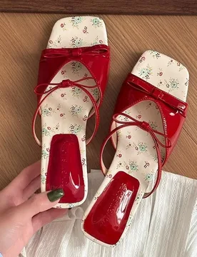New Women Slip On Wedge Sandals Square Open Toe Mid Heel Slippers Pink Bow Flower Decor Comfort Summer Ladies Footwear - Aliexpress - FashionsVida