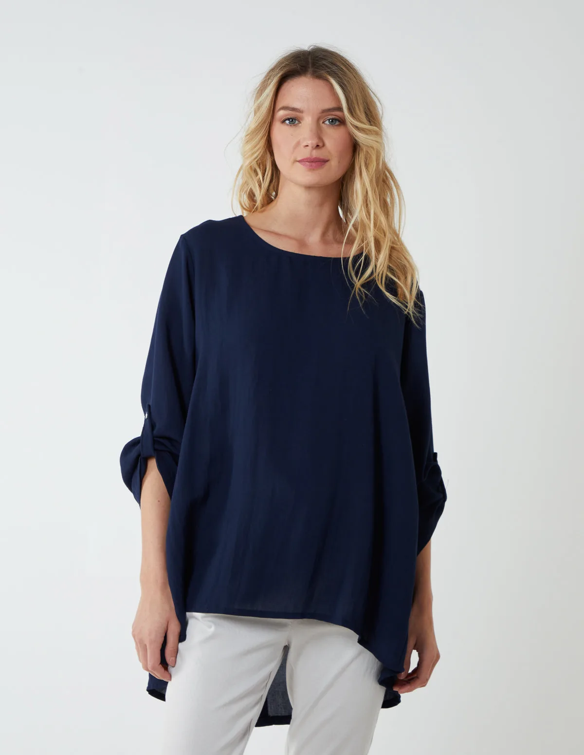 Womens Round Neck Button Sleeve Blouse - Navy - One Size - Blue Vanilla - FashionsVida