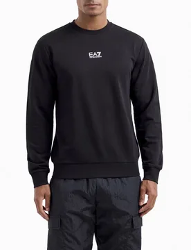Felpa girocollo nera in puro cotone con logo stampato sul petto - EA7 - FashionsVida
